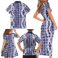 Hawaiian Ohia Lehua Lei Family Matching Short Sleeve Bodycon Dress and Hawaiian Shirt Plaid Palaka Uliuli hohonu Pattern - Polynesian Pride