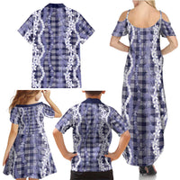 Hawaiian Ohia Lehua Lei Family Matching Summer Maxi Dress and Hawaiian Shirt Plaid Palaka Uliuli hohonu Pattern - Polynesian Pride