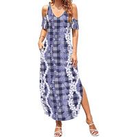 Hawaiian Ohia Lehua Lei Family Matching Summer Maxi Dress and Hawaiian Shirt Plaid Palaka Uliuli hohonu Pattern - Polynesian Pride