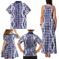 Hawaiian Ohia Lehua Lei Family Matching Tank Maxi Dress and Hawaiian Shirt Plaid Palaka Uliuli hohonu Pattern - Polynesian Pride