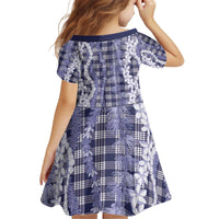 Hawaiian Ohia Lehua Lei Kid Short Sleeve Dress Plaid Palaka Uliuli hohonu Pattern - Polynesian Pride