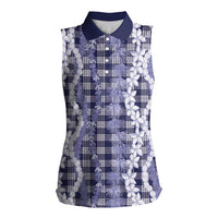 Hawaiian Ohia Lehua Lei Women Sleeveless Polo Shirt Plaid Palaka Uliuli hohonu Pattern - Polynesian Pride