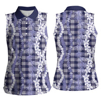 Hawaiian Ohia Lehua Lei Women Sleeveless Polo Shirt Plaid Palaka Uliuli hohonu Pattern - Polynesian Pride