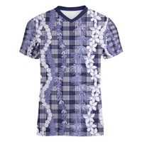 Hawaiian Ohia Lehua Lei Women V-Neck T-Shirt Plaid Palaka Uliuli hohonu Pattern - Polynesian Pride