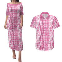 Hawaiian Ohia Lehua Lei Couples Matching Puletasi and Hawaiian Shirt Plaid Palaka Akala Pattern - Polynesian Pride