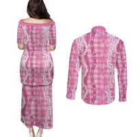 Hawaiian Ohia Lehua Lei Couples Matching Puletasi and Long Sleeve Button Shirt Plaid Palaka Akala Pattern - Polynesian Pride