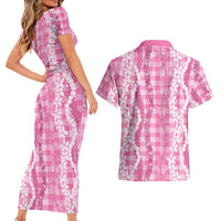 Hawaiian Ohia Lehua Lei Couples Matching Short Sleeve Bodycon Dress and Hawaiian Shirt Plaid Palaka Akala Pattern - Polynesian Pride