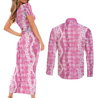 Hawaiian Ohia Lehua Lei Couples Matching Short Sleeve Bodycon Dress and Long Sleeve Button Shirt Plaid Palaka Akala Pattern - Polynesian Pride