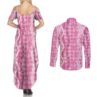 Hawaiian Ohia Lehua Lei Couples Matching Summer Maxi Dress and Long Sleeve Button Shirt Plaid Palaka Akala Pattern - Polynesian Pride