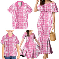 Hawaiian Ohia Lehua Lei Family Matching Mermaid Dress and Hawaiian Shirt Plaid Palaka Akala Pattern - Polynesian Pride