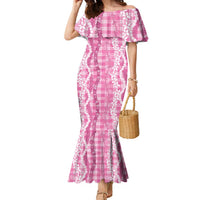 Hawaiian Ohia Lehua Lei Family Matching Mermaid Dress and Hawaiian Shirt Plaid Palaka Akala Pattern - Polynesian Pride