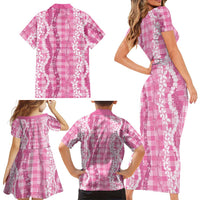 Hawaiian Ohia Lehua Lei Family Matching Short Sleeve Bodycon Dress and Hawaiian Shirt Plaid Palaka Akala Pattern - Polynesian Pride