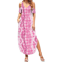 Hawaiian Ohia Lehua Lei Family Matching Summer Maxi Dress and Hawaiian Shirt Plaid Palaka Akala Pattern - Polynesian Pride