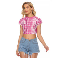 Hawaiian Ohia Lehua Lei Raglan Cropped T Shirt Plaid Palaka Akala Pattern - Polynesian Pride