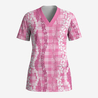 Hawaiian Ohia Lehua Lei Scrub Top Plaid Palaka Akala Pattern - Polynesian Pride