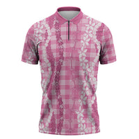 Hawaiian Ohia Lehua Lei Zipper Polo Shirt Plaid Palaka Akala Pattern LT9 Pink - Polynesian Pride