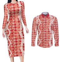 Hawaiian Ohia Lehua Lei Couples Matching Long Sleeve Bodycon Dress and Long Sleeve Button Shirt Plaid Palaka Ulaula Pattern - Polynesian Pride