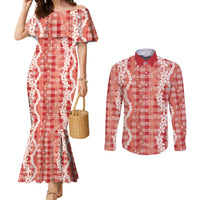 Hawaiian Ohia Lehua Lei Couples Matching Mermaid Dress and Long Sleeve Button Shirt Plaid Palaka Ulaula Pattern - Polynesian Pride