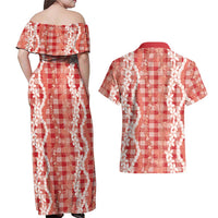 Hawaiian Ohia Lehua Lei Couples Matching Off Shoulder Maxi Dress and Hawaiian Shirt Plaid Palaka Ulaula Pattern - Polynesian Pride