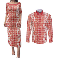 Hawaiian Ohia Lehua Lei Couples Matching Puletasi and Long Sleeve Button Shirt Plaid Palaka Ulaula Pattern - Polynesian Pride