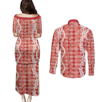 Hawaiian Ohia Lehua Lei Couples Matching Puletasi and Long Sleeve Button Shirt Plaid Palaka Ulaula Pattern - Polynesian Pride