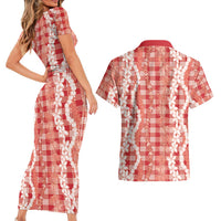 Hawaiian Ohia Lehua Lei Couples Matching Short Sleeve Bodycon Dress and Hawaiian Shirt Plaid Palaka Ulaula Pattern - Polynesian Pride