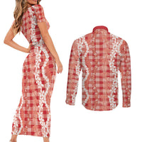 Hawaiian Ohia Lehua Lei Couples Matching Short Sleeve Bodycon Dress and Long Sleeve Button Shirt Plaid Palaka Ulaula Pattern - Polynesian Pride