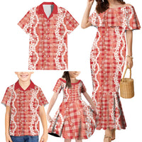 Hawaiian Ohia Lehua Lei Family Matching Mermaid Dress and Hawaiian Shirt Plaid Palaka Ulaula Pattern - Polynesian Pride
