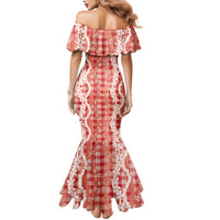 Hawaiian Ohia Lehua Lei Family Matching Mermaid Dress and Hawaiian Shirt Plaid Palaka Ulaula Pattern - Polynesian Pride