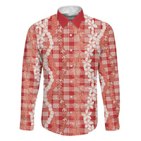 Hawaiian Ohia Lehua Lei Family Matching Off The Shoulder Long Sleeve Dress and Hawaiian Shirt Plaid Palaka Ulaula Pattern - Polynesian Pride