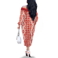 Hawaiian Ohia Lehua Lei Family Matching Off The Shoulder Long Sleeve Dress and Hawaiian Shirt Plaid Palaka Ulaula Pattern - Polynesian Pride