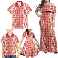Hawaiian Ohia Lehua Lei Family Matching Off Shoulder Maxi Dress and Hawaiian Shirt Plaid Palaka Ulaula Pattern - Polynesian Pride