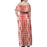 Hawaiian Ohia Lehua Lei Family Matching Off Shoulder Maxi Dress and Hawaiian Shirt Plaid Palaka Ulaula Pattern - Polynesian Pride