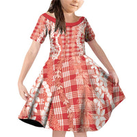 Hawaiian Ohia Lehua Lei Family Matching Off Shoulder Short Dress and Hawaiian Shirt Plaid Palaka Ulaula Pattern - Polynesian Pride