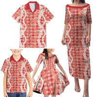 Hawaiian Ohia Lehua Lei Family Matching Puletasi and Hawaiian Shirt Plaid Palaka Ulaula Pattern - Polynesian Pride