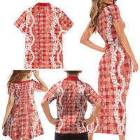Hawaiian Ohia Lehua Lei Family Matching Short Sleeve Bodycon Dress and Hawaiian Shirt Plaid Palaka Ulaula Pattern - Polynesian Pride
