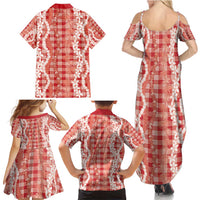 Hawaiian Ohia Lehua Lei Family Matching Summer Maxi Dress and Hawaiian Shirt Plaid Palaka Ulaula Pattern - Polynesian Pride