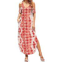 Hawaiian Ohia Lehua Lei Family Matching Summer Maxi Dress and Hawaiian Shirt Plaid Palaka Ulaula Pattern - Polynesian Pride
