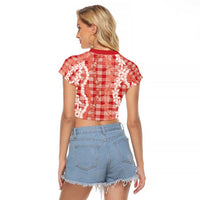 Hawaiian Ohia Lehua Lei Raglan Cropped T Shirt Plaid Palaka Ulaula Pattern - Polynesian Pride