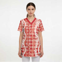 Hawaiian Ohia Lehua Lei Scrub Top Plaid Palaka Ulaula Pattern - Polynesian Pride
