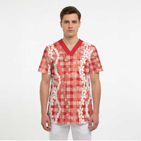 Hawaiian Ohia Lehua Lei Scrub Top Plaid Palaka Ulaula Pattern - Polynesian Pride