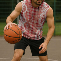 Hawaiian Ohia Lehua Lei Sleeveless Hoodie Plaid Palaka Ulaula Pattern - Polynesian Pride