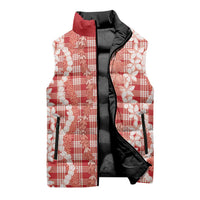 Hawaiian Ohia Lehua Lei Sleeveless Puffer Jacket Plaid Palaka Ulaula Pattern - Polynesian Pride