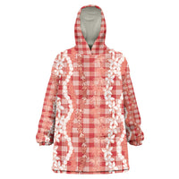 Hawaiian Ohia Lehua Lei Wearable Blanket Hoodie Plaid Palaka Ulaula Pattern - Polynesian Pride