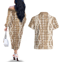 Hawaiian Ohia Lehua Lei Couples Matching Off The Shoulder Long Sleeve Dress and Hawaiian Shirt Plaid Palaka Kalaihaahaa Pattern - Polynesian Pride