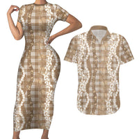 Hawaiian Ohia Lehua Lei Couples Matching Short Sleeve Bodycon Dress and Hawaiian Shirt Plaid Palaka Kalaihaahaa Pattern - Polynesian Pride