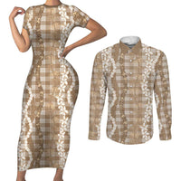 Hawaiian Ohia Lehua Lei Couples Matching Short Sleeve Bodycon Dress and Long Sleeve Button Shirt Plaid Palaka Kalaihaahaa Pattern - Polynesian Pride