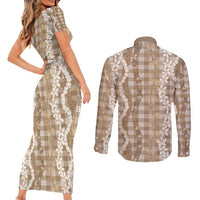 Hawaiian Ohia Lehua Lei Couples Matching Short Sleeve Bodycon Dress and Long Sleeve Button Shirt Plaid Palaka Kalaihaahaa Pattern - Polynesian Pride