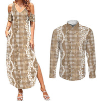 Hawaiian Ohia Lehua Lei Couples Matching Summer Maxi Dress and Long Sleeve Button Shirt Plaid Palaka Kalaihaahaa Pattern - Polynesian Pride