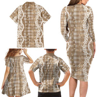 Hawaiian Ohia Lehua Lei Family Matching Long Sleeve Bodycon Dress and Hawaiian Shirt Plaid Palaka Kalaihaahaa Pattern - Polynesian Pride